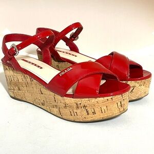 Prada Red Patent Crisscross Cork Platform Wedge Sandals Size EU 38 US 8